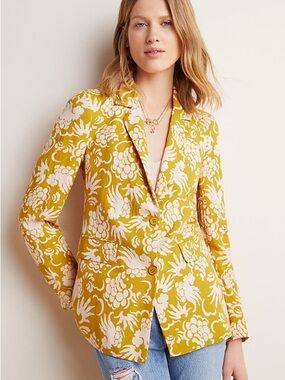 Anthropologie Mustard Yellow Floral Print Blazer